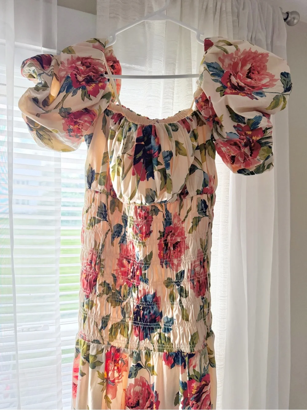 Abercrombie Floral Puff-Sleeve Midi Dress in Cream and Pink